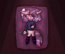 Size: 3000x2500 | Tagged: safe, artist:demandra02, oc, oc only, pony, bed, clothes, crying, fluffy, high res, lonely, sad, socks, solo, striped socks