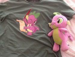 Size: 960x720 | Tagged: safe, artist:jhayarr23, spike, dragon, g4, clothes, green t-shirt, irl, male, merchandise, photo, plushie, quill, scroll, shirt, solo, t-shirt