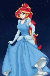 Size: 1284x1926 | Tagged: safe, artist:anonix123, sunset shimmer, human, g4, alternate hairstyle, cinderella, clothes, crossover, disney, dress, female, humanized, smiling, solo, stars