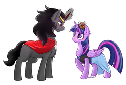 Size: 1010x680 | Tagged: safe, artist:lawombat, king sombra, twilight sparkle, alicorn, pony, fanfic:the fairy tale fiasco, g4, blushing, chest fluff, ear fluff, fanfic art, female, male, ship:twibra, shipping, simple background, straight, twilight sparkle (alicorn), white background