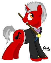 Size: 3885x4844 | Tagged: safe, artist:siggyderp, oc, oc only, pony, unicorn, bowtie, cane, clothes, male, mouth hold, signature, simple background, solo, stallion, suit, white background