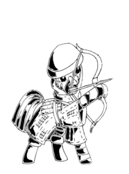 Size: 477x642 | Tagged: safe, artist:smt5015, pony, zebra, archer, arrow, black and white, boots, bow, grayscale, helmet, monochrome, shoes, simple background, solo, white background