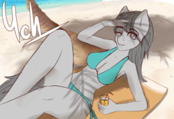 Size: 1536x1056 | Tagged: safe, artist:mintjuice, anthro, advertisement, armpits, beach, beach towel, bikini, blinking, clothes, commission, juice, looking at you, palm tree, relaxing, sand, smiling, swimsuit, tree, water, your character here