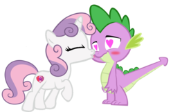 Size: 1110x719 | Tagged: artist needed, safe, spike, sweetie belle, dragon, pony, unicorn, g4, blushing, cheek kiss, cute, cutie mark, eyes closed, female, filly, heart, heart eyes, in love, kissing, male, ship:spikebelle, shipping, simple background, something else also rises, straight, tail, tailboner, the cmc's cutie marks, transparent background, vector, wingding eyes