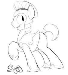 Size: 3650x4030 | Tagged: safe, artist:siggyderp, earth pony, pony, armor, black and white, grayscale, helmet, horseshoes, lineart, male, monochrome, royal guard, side view, signature, simple background, sketch, smiling, solo, stallion, white background