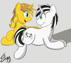 Size: 5000x4449 | Tagged: safe, artist:siggyderp, oc, oc only, pony, unicorn, commission, gray background, looking at each other, male, signature, simple background, smiling, stallion