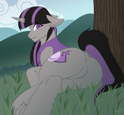 Size: 2800x2600 | Tagged: safe, artist:enderbee, oc, oc only, oc:magna-save, pony, unicorn, butt, clothes, female, high res, jacket, looking at you, looking back, looking back at you, mare, mountain, mountain range, outdoors, plot, sitting, solo, tree