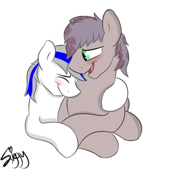 Size: 3597x3651 | Tagged: safe, artist:siggyderp, oc, oc only, oc:arty, oc:barre, earth pony, pony, blushing, cuddling, cute, eyes closed, gay, high res, hug, male, shipping, signature, simple background, stallion, white background