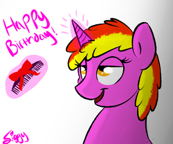 Size: 3071x2559 | Tagged: safe, artist:siggyderp, oc, oc only, pony, unicorn, bedroom eyes, birthday gift, bow, bust, comb, dialogue, female, glowing horn, happy birthday, high res, horn, levitation, lineart, magic, magic aura, mare, signature, simple background, sketch, smiling, solo, telekinesis, white background