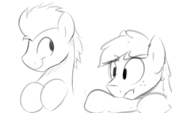 Size: 3333x2205 | Tagged: safe, artist:siggyderp, braeburn, soarin', earth pony, pegasus, pony, g4, black and white, freckles, frown, grayscale, high res, lineart, male, monochrome, simple background, sketch, smiling, stallion, white background
