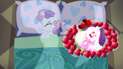 Size: 1024x576 | Tagged: safe, edit, edited screencap, screencap, rarity, spike, dragon, pony, unicorn, g4, bed, blanket, dream, female, filly, heart, implied shipping, implied spikebelle, implied straight, jealous, male, mare, pillow, ship:sparity, shipping, sleeping, straight
