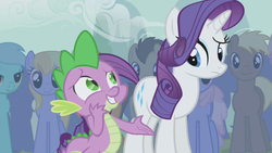 Size: 1280x720 | Tagged: safe, screencap, cloud kicker, lyra heartstrings, rarity, spike, dragon, pony, unicorn, boast busters, g4, confused, duo focus, embarrassed, female, looking at each other, male, mare, nervous, raised eyebrow