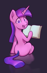 Size: 775x1187 | Tagged: safe, artist:stratodraw, twilight sparkle, pony, unicorn, g4, black background, book, female, looking at you, looking back, looking back at you, mare, missing cutie mark, simple background, sitting, solo, that pony sure does love books, unicorn twilight