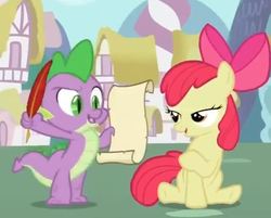 Size: 711x572 | Tagged: safe, screencap, apple bloom, spike, dragon, earth pony, pony, g4, the cutie pox, bedroom eyes, bow, cropped, duo, female, filly, low quality, male, needs more jpeg, out of context, ponyville, quill, scroll, sitting