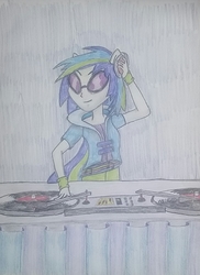 Size: 1085x1490 | Tagged: safe, artist:pabrony83, dj pon-3, vinyl scratch, human, equestria girls, g4, fantasy, female, glasses, headphones, ponied up, solo, traditional art, turntable