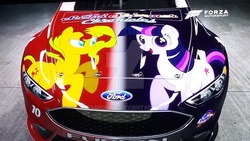 Size: 1024x576 | Tagged: safe, artist:pabrony83, sunset shimmer, twilight sparkle, pony, g4, car, ford fusion, forza motorsport 6, nascar, racecar