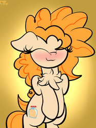 Size: 1536x2048 | Tagged: dead source, safe, artist:php142, pear butter, earth pony, pony, g4, bipedal, blushing, blushing profusely, chest fluff, cute, eyes closed, female, fluffy, gradient background, pearabetes, solo