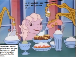 Size: 757x567 | Tagged: safe, edit, edited screencap, editor:korora, screencap, lickety-split, g1, my little pony 'n friends, somnambula (episode), american flag, dialogue, flag, food, horse colic, ice cream, implied somnambula (g1), inset, machine, reality ensues, text, this will end in tummy aches, this will end in weight gain