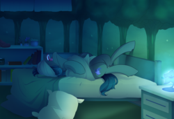 Size: 4000x2747 | Tagged: safe, artist:mylittlesheepy, oc, oc only, oc:poison trail, earth pony, pony, bed, bedroom, blanket, book, lamp, pillow, plant, sleeping, snoring, solo