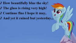 Size: 672x384 | Tagged: safe, edit, edited screencap, editor:korora, screencap, rainbow dash, g4, my little pony: the movie, cropped, cute, dashabetes, gilbert and sullivan, how beautifully blue the sky, lyrics, mountain, song reference, text, the pirates of penzance
