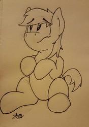 Size: 894x1280 | Tagged: safe, artist:siggyderp, earth pony, pony, frown, lineart, male, monochrome, signature, sitting, sketch, solo, stallion, traditional art