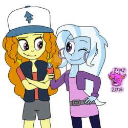 Size: 1024x1023 | Tagged: safe, artist:stella-exquisa, adagio dazzle, trixie, equestria girls, g4, clothes, cosplay, costume, crossover, dipper pines, female, gravity falls, lesbian, male, pacifica northwest, shipping, triagio
