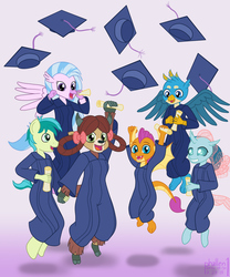 Size: 1500x1800 | Tagged: safe, artist:phallen1, gallus, ocellus, sandbar, silverstream, smolder, yona, changedling, changeling, classical hippogriff, dragon, earth pony, griffon, hippogriff, yak, anthro, unguligrade anthro, g4, atg 2019, bow, clothes, cloven hooves, colored hooves, diploma, dragoness, female, graduation, graduation cap, hair bow, hat, holding hands, jewelry, jumping, jumpsuit, male, monkey swings, necklace, newbie artist training grounds, student six, teenager