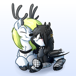 Size: 4000x4000 | Tagged: safe, artist:witchtaunter, oc, oc only, deer pony, earth pony, original species, pony, antlers, commission, fishnet stockings, scar, snuggling
