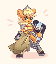 Size: 1500x1700 | Tagged: safe, artist:avonir, applejack, earth pony, pony, g4, armor, brigitte, crossover, female, freckles, looking at you, overwatch, shield, simple background, smiling, solo, standing, white background