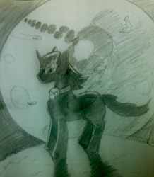 Size: 835x957 | Tagged: safe, artist:insanityfox, oc, oc only, oc:dark vortex, alicorn, pony, full moon, jewelry, male, mare in the moon, moon, necklace, night, skull, solo, sombra eyes, stallion, standing, traditional art