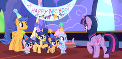Size: 2525x1218 | Tagged: safe, artist:velveagicsentryyt, flash sentry, twilight sparkle, oc, oc:alice (velvetsentryyt), oc:galaxy swirls, oc:starbreaker, oc:velvet sentry, alicorn, dragon, pegasus, pony, unicorn, g4, baby, baby pony, banner, birthday cake, butt, cake, female, filly, food, happy birthday, hat, male, offspring, parent:flash sentry, parent:twilight sparkle, parents:flashlight, party hat, plot, ship:flashlight, shipping, straight, twibutt, twilight sparkle (alicorn)