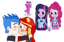Size: 1024x676 | Tagged: safe, artist:stella-exquisa, flash sentry, pinkie pie, sunset shimmer, twilight sparkle, equestria girls, g4, female, lesbian, male, ship:flashimmer, ship:twinkie, shipping, straight