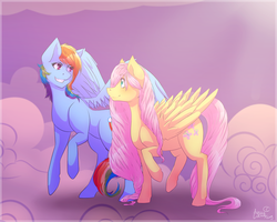 Size: 1500x1200 | Tagged: safe, artist:aqualuna112, fluttershy, rainbow dash, pegasus, pony, g4, cloud, duo, female, gritted teeth, looking at each other, mare, on a cloud, raised hoof, sky, smiling, spread wings, wings