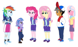 Size: 1884x1144 | Tagged: safe, artist:someguy458, clear sky, fluttershy, pinkie pie, quibble pants, rainbow dash, wind sprint, common ground, equestria girls, g4, buckball, clothes, cute, digital art, equestria girls interpretation, equestria girls-ified, freckles, mary janes, overalls, scene interpretation, shoes, simple background, skirt, sneakers, socks, transparent background