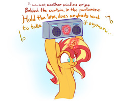 Size: 1280x1024 | Tagged: safe, artist:heir-of-rick, part of a set, sunset shimmer, pony, unicorn, g4, bipedal, boombox, comic, crying, female, glowing horn, horn, lyrics, queen (band), reference, say anything, simple background, solo, text, the end of equestria girls, the show must go on (song), white background