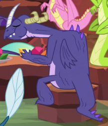 Size: 290x335 | Tagged: safe, screencap, raisin grand, scales (g4), dragon, g4, the hearth's warming club, background dragon, cropped, eating, eyes closed, horn, nose horn, sitting, solo focus