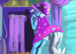 Size: 4960x3508 | Tagged: safe, artist:toisanemoif, trixie, unicorn, anthro, g4, arm hooves, cape, clothes, female, hat, looking back, open mouth, smiling, solo, trixie's cape, trixie's hat