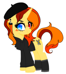 Size: 1299x1456 | Tagged: safe, artist:moon-rose-rosie, artist:rukemon, oc, oc only, oc:cee gee ie, pony, unicorn, base used, beret, boots, clothes, commission, ear piercing, earring, female, freckles, hat, heterochromia, hoodie, jewelry, mare, piercing, shoes, simple background, solo, transparent background