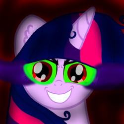Size: 1000x1000 | Tagged: safe, artist:php185, king sombra, twilight sparkle, alicorn, pony, g4, bust, corrupted, evil, female, grin, mare, red eyes, shadow, smiling, sombra eyes, twilight sparkle (alicorn)