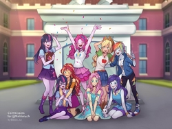 Size: 2730x2048 | Tagged: safe, artist:dcon, angel bunny, applejack, fluttershy, pinkie pie, rainbow dash, rarity, sci-twi, sunset shimmer, twilight sparkle, human, equestria girls, g4, my little pony equestria girls: better together, anime, applejack's hat, armpits, blushing, canterlot high, commission, confetti, converse, cowboy hat, cute, dashabetes, diapinkes, female, geode of empathy, geode of fauna, geode of shielding, geode of sugar bombs, geode of super speed, geode of super strength, geode of telekinesis, hat, high res, humane five, humane seven, humane six, magical geodes, shoes, shyabetes, sneakers, twiabetes, twilight sparkle (alicorn), twolight