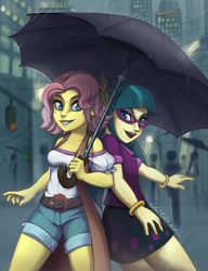 Size: 2693x3508 | Tagged: safe, artist:gabbslines, juniper montage, vignette valencia, equestria girls, g4, city, clothes, duo, fanfic, fanfic art, fanfic cover, glasses, high res, parody, rain, shorts, skirt, traffic light, umbrella