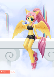 Size: 1200x1688 | Tagged: safe, artist:howxu, fluttershy, pegasus, anthro, plantigrade anthro, g4, belly button, clothes, drinking, female, hairclip, looking at you, mare, midriff, patreon, patreon logo, ponytail, shoes, shorts, sitting, sneakers, solo, sports bra, sports shorts, sweat, water bottle