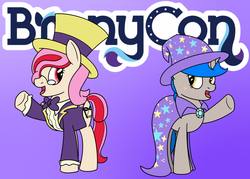 Size: 1400x1000 | Tagged: safe, artist:spritepony, jack pot, trixie, oc, oc only, oc:sprite, oc:understudy, alicorn, earth pony, pony, bronycon, g4, alicorn oc, announcement, clothes, cosplay, costume, earth pony oc, female, standing