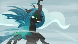 Size: 1280x720 | Tagged: safe, screencap, queen chrysalis, changeling, changeling queen, frenemies (episode), g4, female, flying, one eye closed, solo, wind, windswept mane