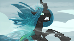 Size: 1280x720 | Tagged: safe, screencap, queen chrysalis, changeling, changeling queen, frenemies (episode), g4, female, flying, one eye closed, solo, wind, windswept mane