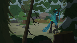 Size: 1280x720 | Tagged: safe, screencap, queen chrysalis, changeling, changeling queen, frenemies (episode), g4, female, forest, former queen chrysalis, log, pine tree, solo, tree