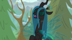 Size: 1920x1080 | Tagged: safe, screencap, queen chrysalis, changeling, changeling queen, frenemies (episode), g4, eyes closed, female, former queen chrysalis, solo, tree