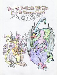 Size: 2436x3184 | Tagged: safe, artist:grimmyweirdy, angel bunny, cosmos, fluttershy, butterfly, draconequus, rabbit, comic:cosmic cosmos, g4, angry, animal, blood, draconequified, duo, duo female, female, flutterequus, food, high res, knife, simple background, species swap, tea, this will end in death, this will end in tears, this will end in tears and/or death, traditional art, white background