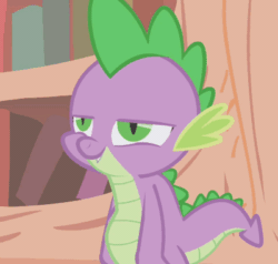 Size: 400x380 | Tagged: safe, screencap, spike, dragon, g4, season 1, the ticket master, animated, bleh, gif, golden oaks library, male, open mouth, perfect loop, reaction image, solo, tongue out