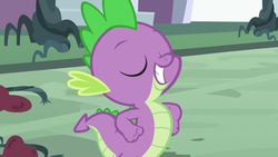 Size: 1280x720 | Tagged: safe, screencap, spike, dragon, g4, princess spike, canterlot, eyes closed, handsome, male, smiling, solo